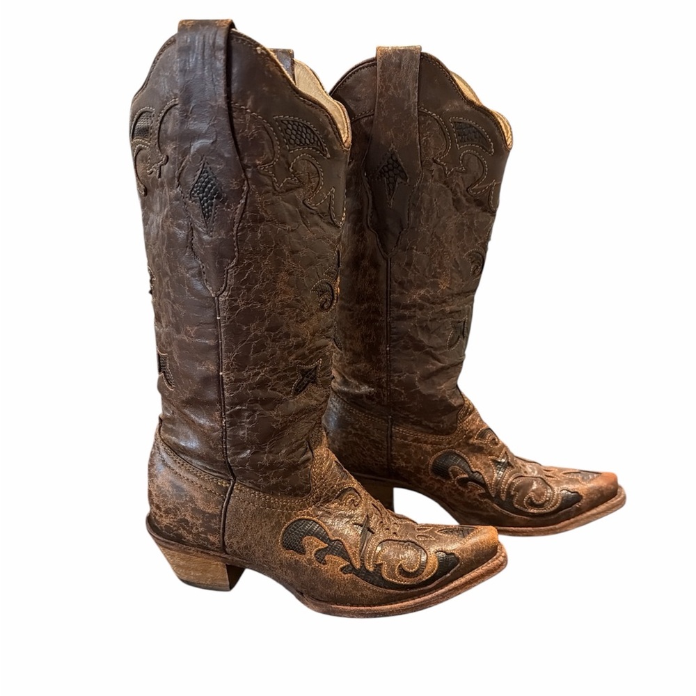 Corral C 2692 brown distressed leather lizard inlay snip toe boots sz 5.5 W